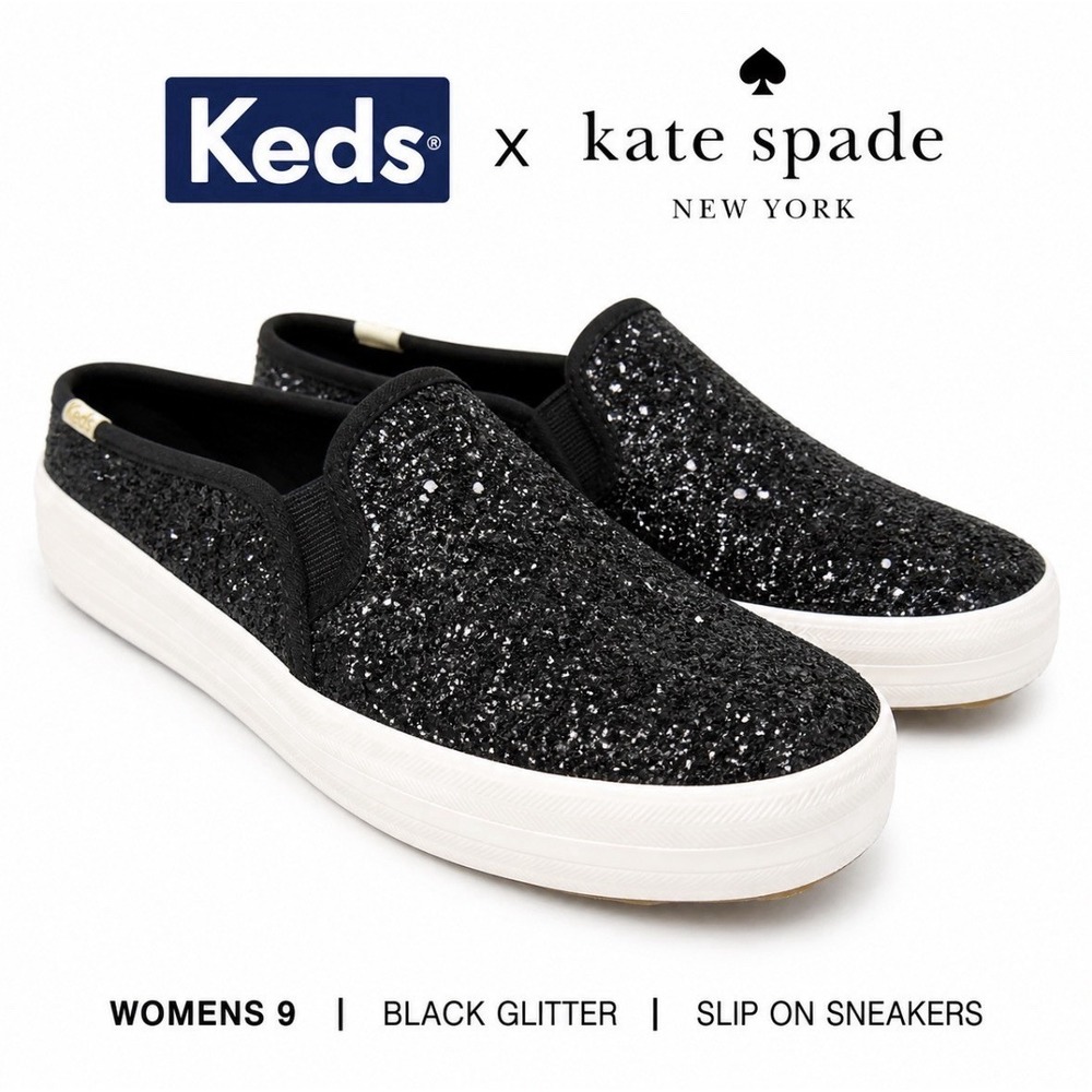 Keds x Kate Spade Black Glitter Slip On Sneakers Womens 9 Platform